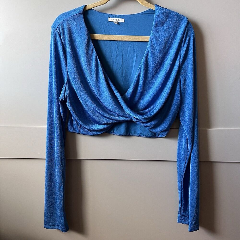 Remi x Revolve Niki Twist Front‎ Stretch Crop Top Women Sz 1X Blue Slinky V-Neck